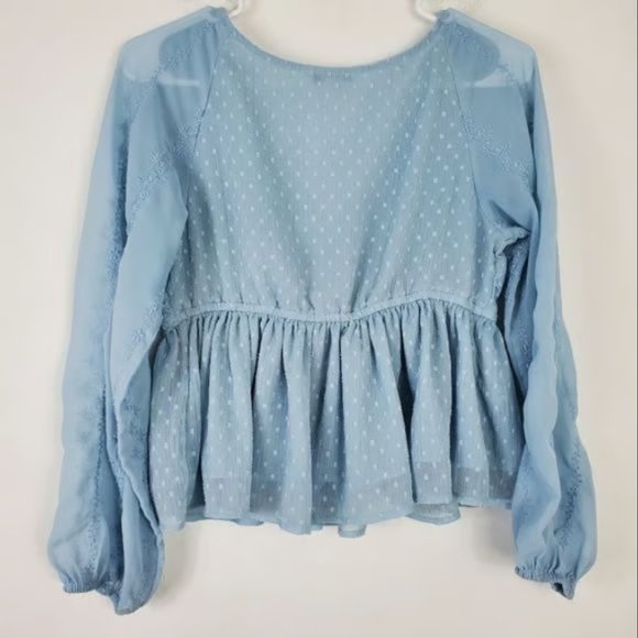 American Eagle Baby Blue Crop Top Womens Size S Sheer Balloon Sleeve Fairy - Picture 2 of 3
